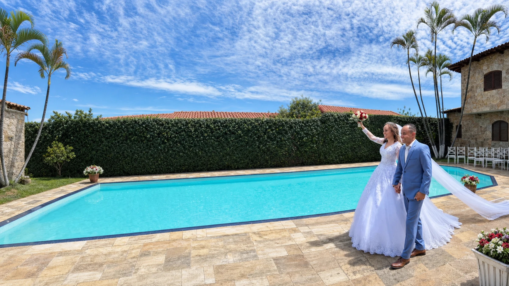 Noiva e noivo de mãos dadas ao lado de uma piscina em casamento ao ar livre